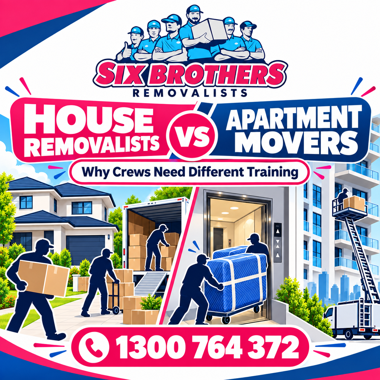 House removalists vs apartment movers featured image with silhouette icons and phone number by Six Brothers Removalists.