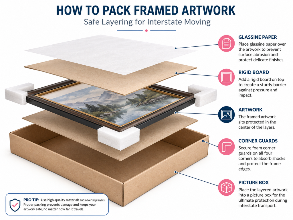 Diagram showing how to move artwork interstate safely with glassine, rigid board, corner guards and Six Brothers Removalists.