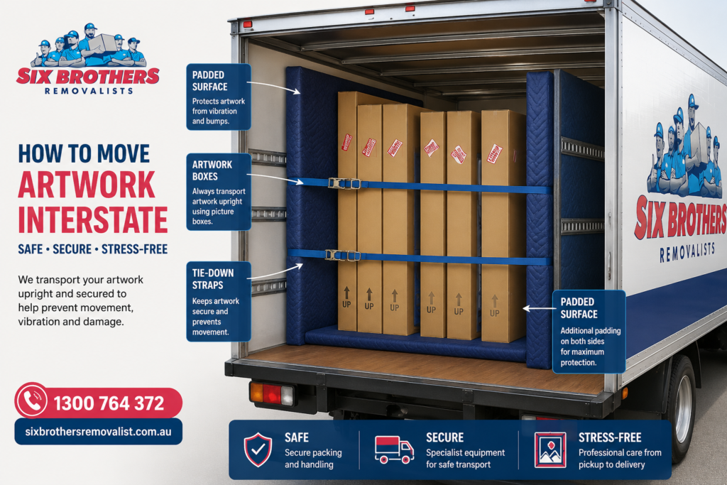 Truck diagram showing how to move artwork interstate safely with upright boxes and straps by Six Brothers Removalists.