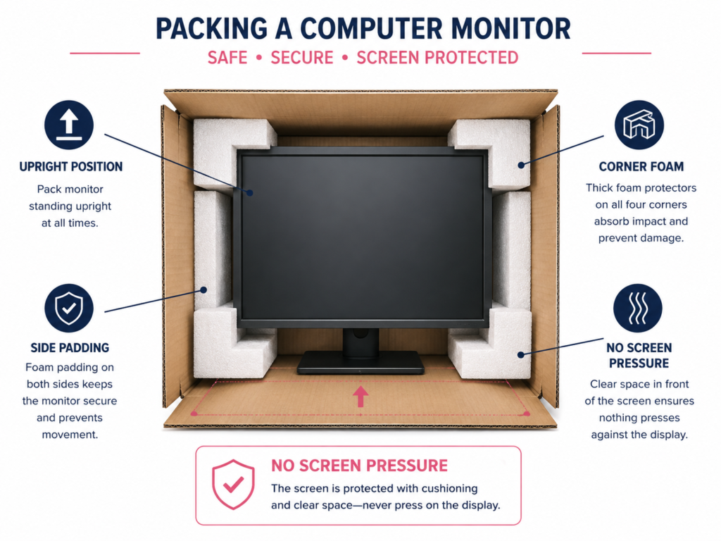 How to move computers interstate with Six Brothers Removalists using an upright monitor box with corner foam protection.
