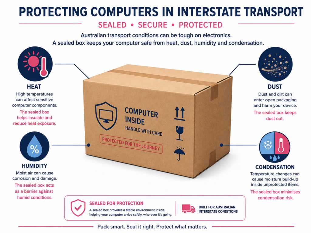 How to move computers interstate with Six Brothers Removalists using a sealed box against heat, dust and humidity.