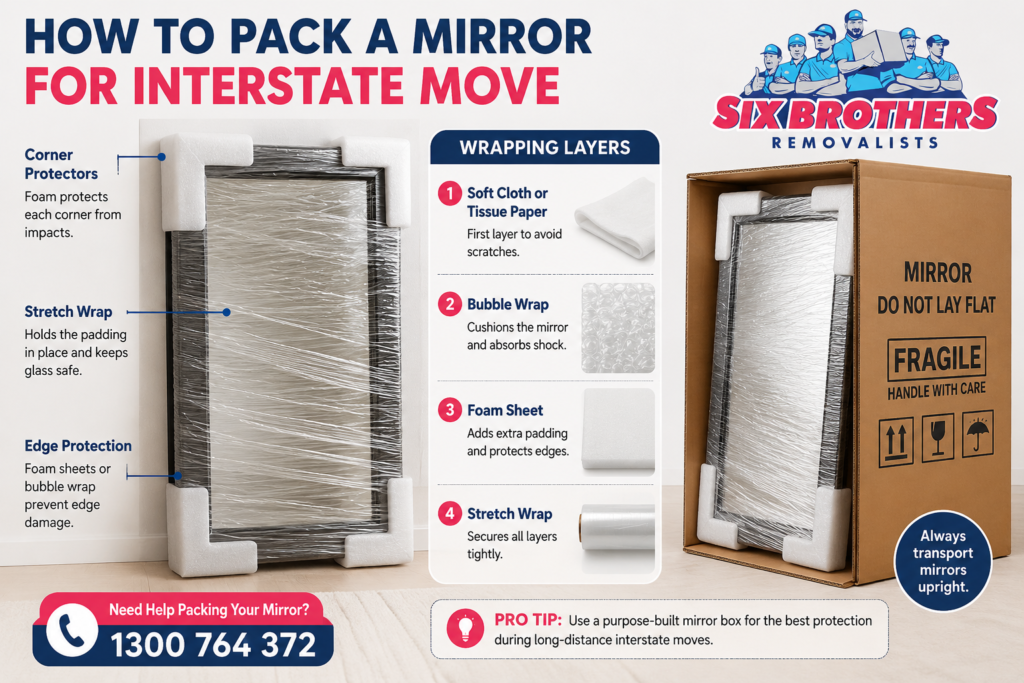 How to move mirrors interstate with corner protectors, wrapping layers and a mirror box by Six Brothers Removalists.