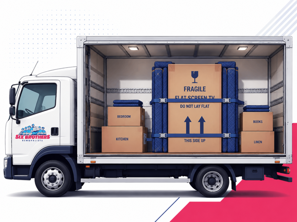 How to move TVs interstate with Six Brothers Removalists using upright boxed TV loading and secure padded strapping