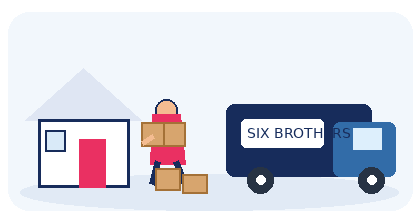 Six Brothers Removalists animated GIF showing how to mix DIY and pros for a Sydney house move with boxes and a removals truck.