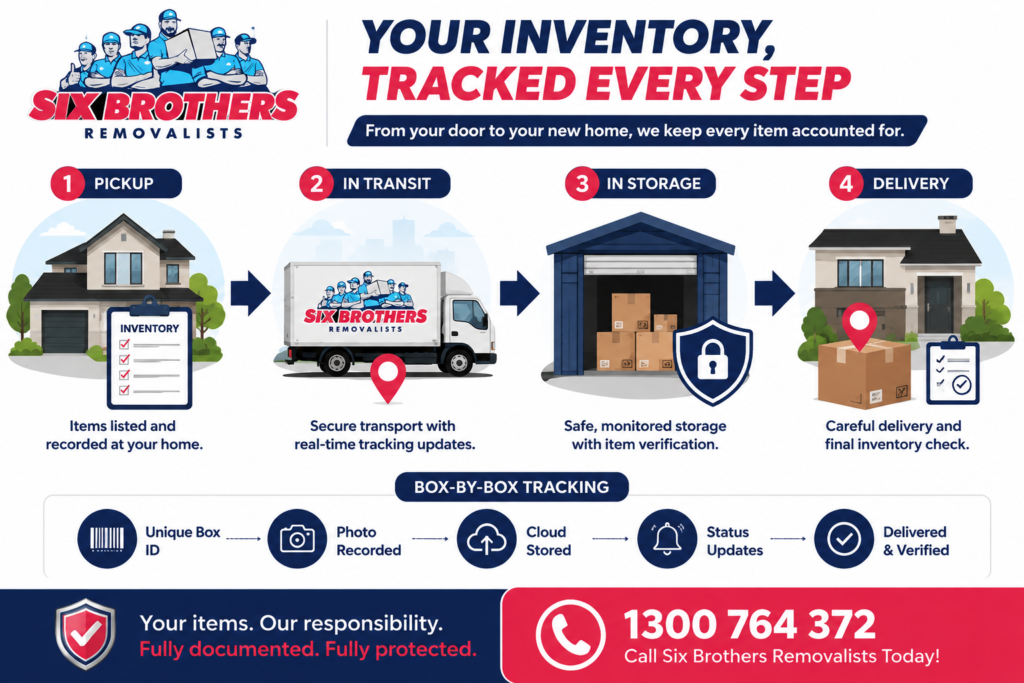 Insurance inventory before moving interstate diagram by Six Brothers Removalists showing home, truck, storage and delivery tracking.