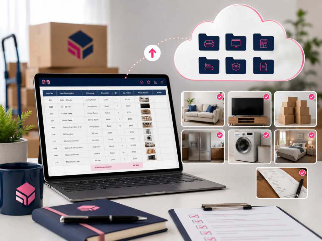 Insurance inventory before moving interstate visual by Six Brothers Removalists showing spreadsheet, cloud folders and photo records.