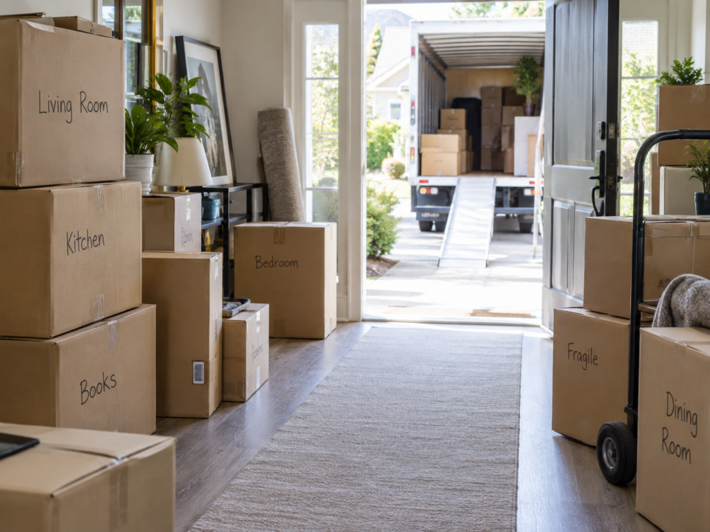 Mid-move burnout section image showing packed cartons, a clear access path and unfinished load by Six Brothers Removalists.