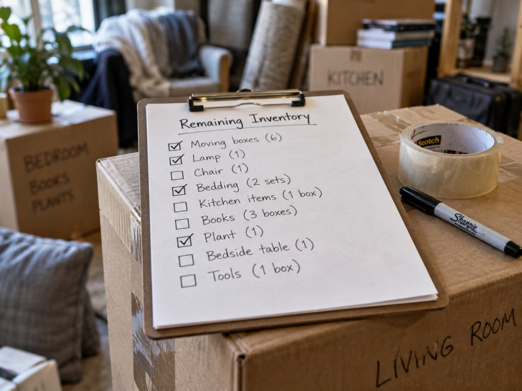Mid-move burnout image showing a handwritten remaining-inventory list during a DIY move by Six Brothers Removalists.