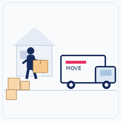 Animated illustration of mid-move burnout, showing a mover carrying a box towards a truck for Six Brothers Removalists.