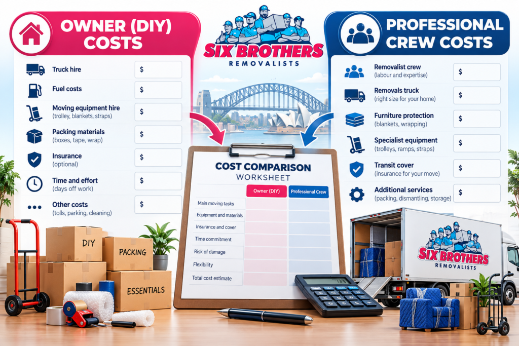 Six Brothers Removalists cost worksheet to mix DIY and pros for a Sydney house move, comparing owner and crew expenses.