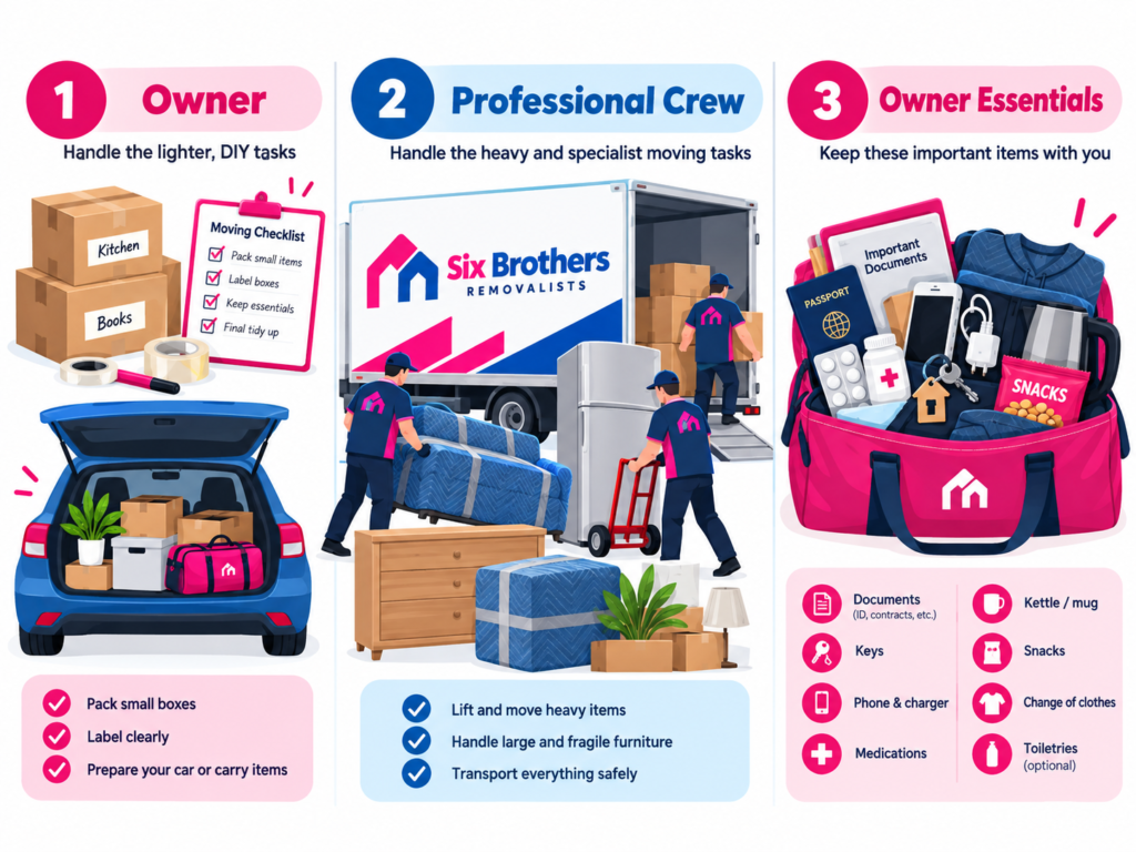 Six Brothers Removalists infographic showing how to mix DIY and pros for a Sydney house move with three task zones.