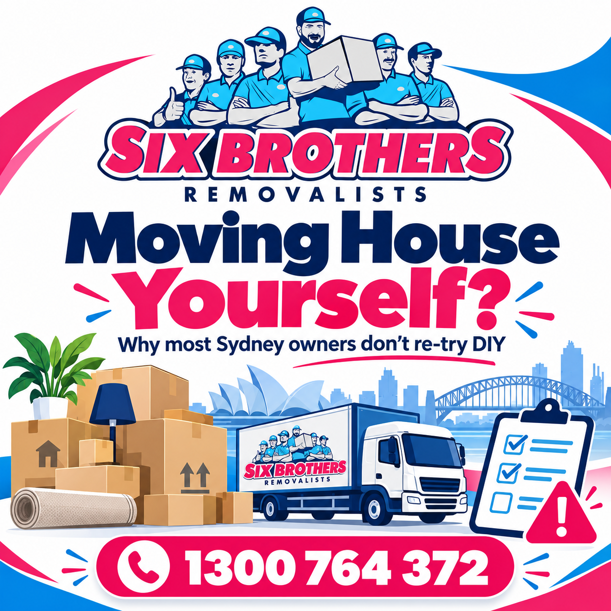 Moving house yourself featured image by Six Brothers Removalists with Sydney move icons and phone number.