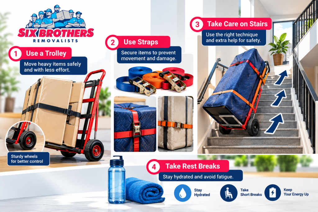 Moving house yourself safely with trolley, straps, stairs and rest breaks by Six Brothers Removalists.