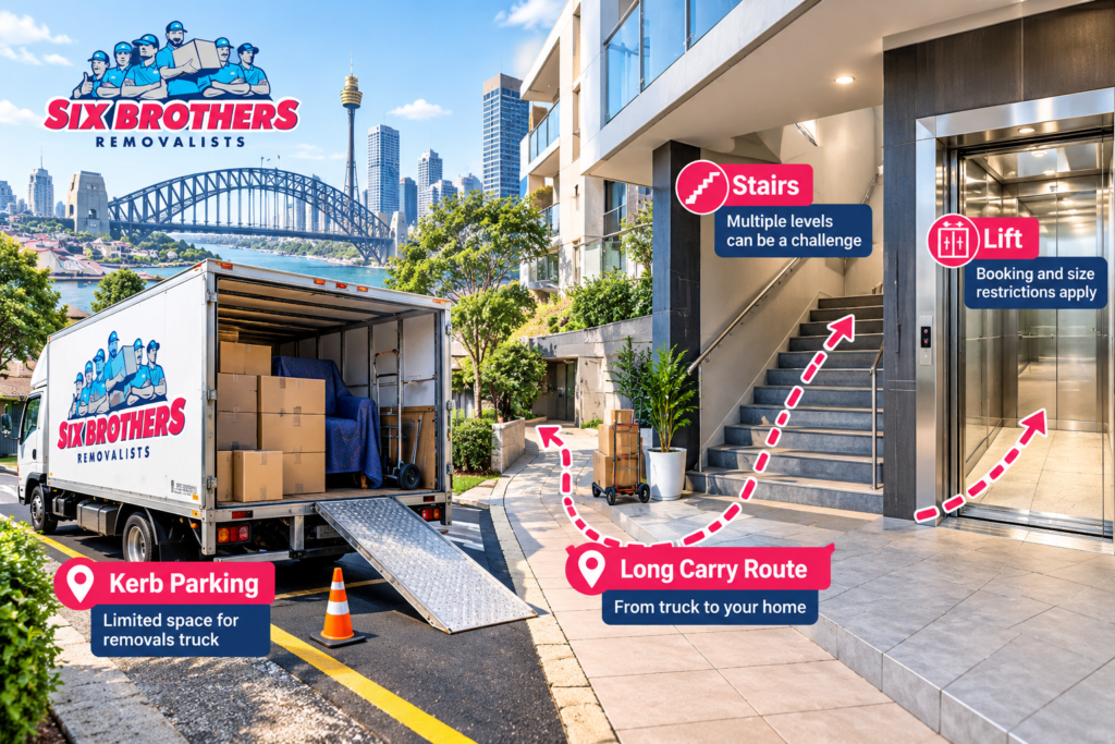 Moving house yourself in Sydney with kerb parking, stairs, lift and long carry route by Six Brothers Removalists.