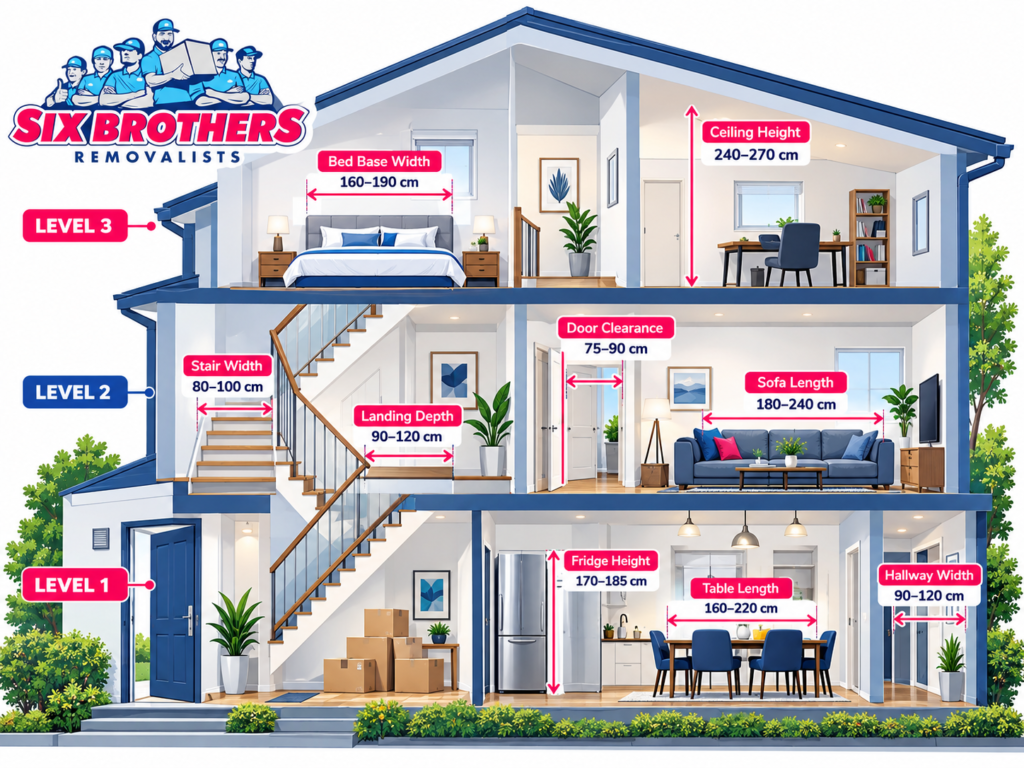 Multi-storey house moves Sydney cutaway guide by Six Brothers Removalists showing stairs, landings and furniture measurements.