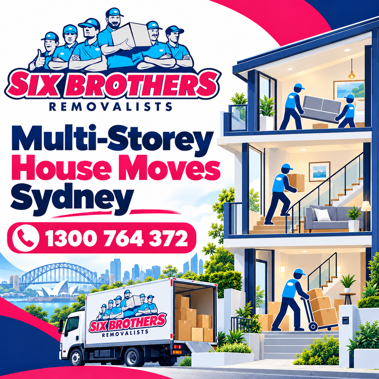 Multi-storey house moves Sydney by Six Brothers Removalists, showing removalist silhouettes moving furniture across three floors.
