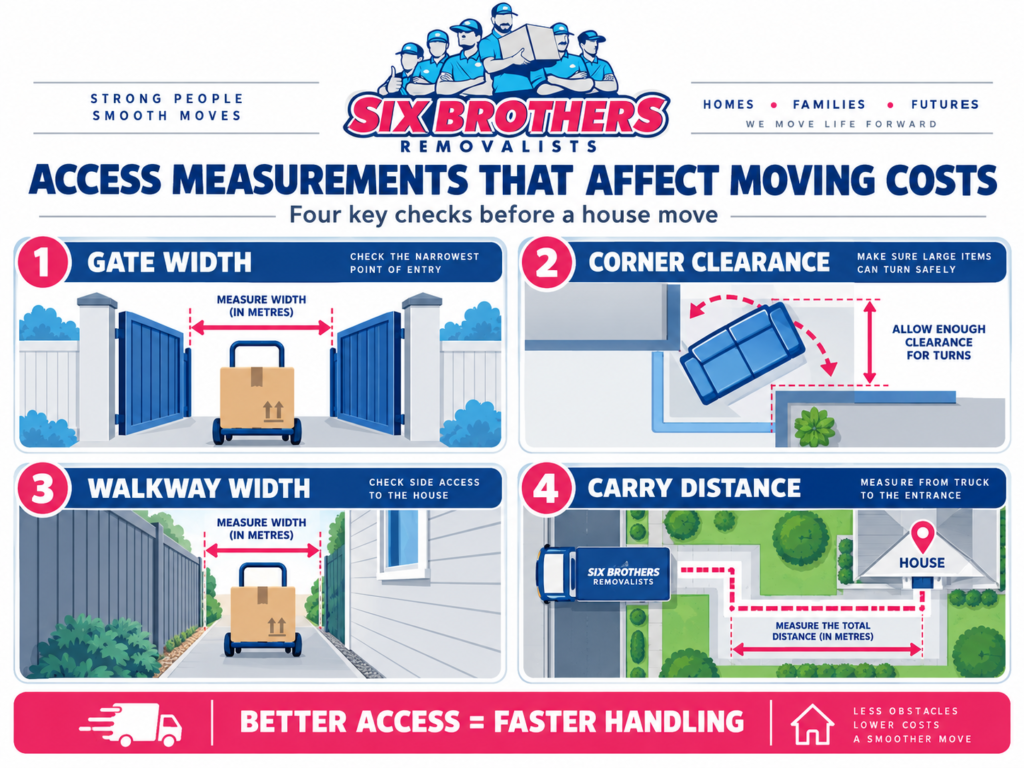 Measurement graphic for narrow side access moving costs Sydney by Six Brothers Removalists, showing gate, walkway and carry checks.