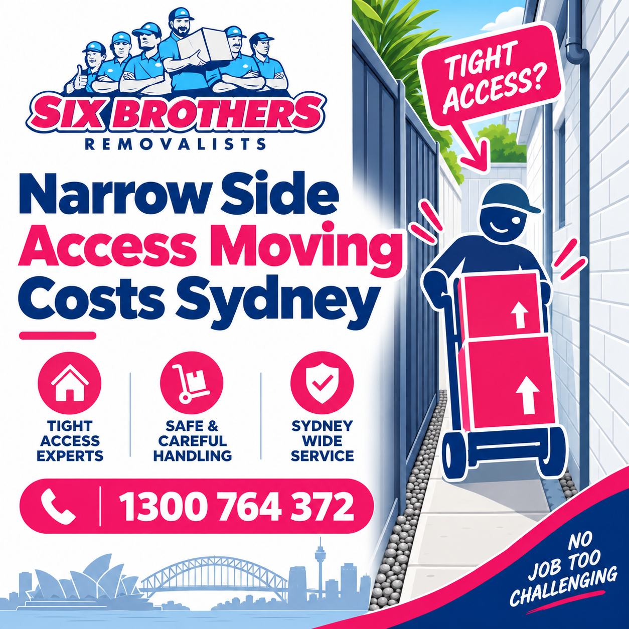 Narrow side access moving costs Sydney featured image by Six Brothers Removalists with tight access icon and contact number.
