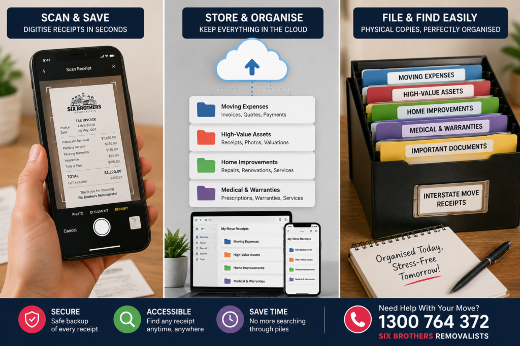 Organise receipts before an interstate move with digital scans, cloud folders and binders by Six Brothers Removalists