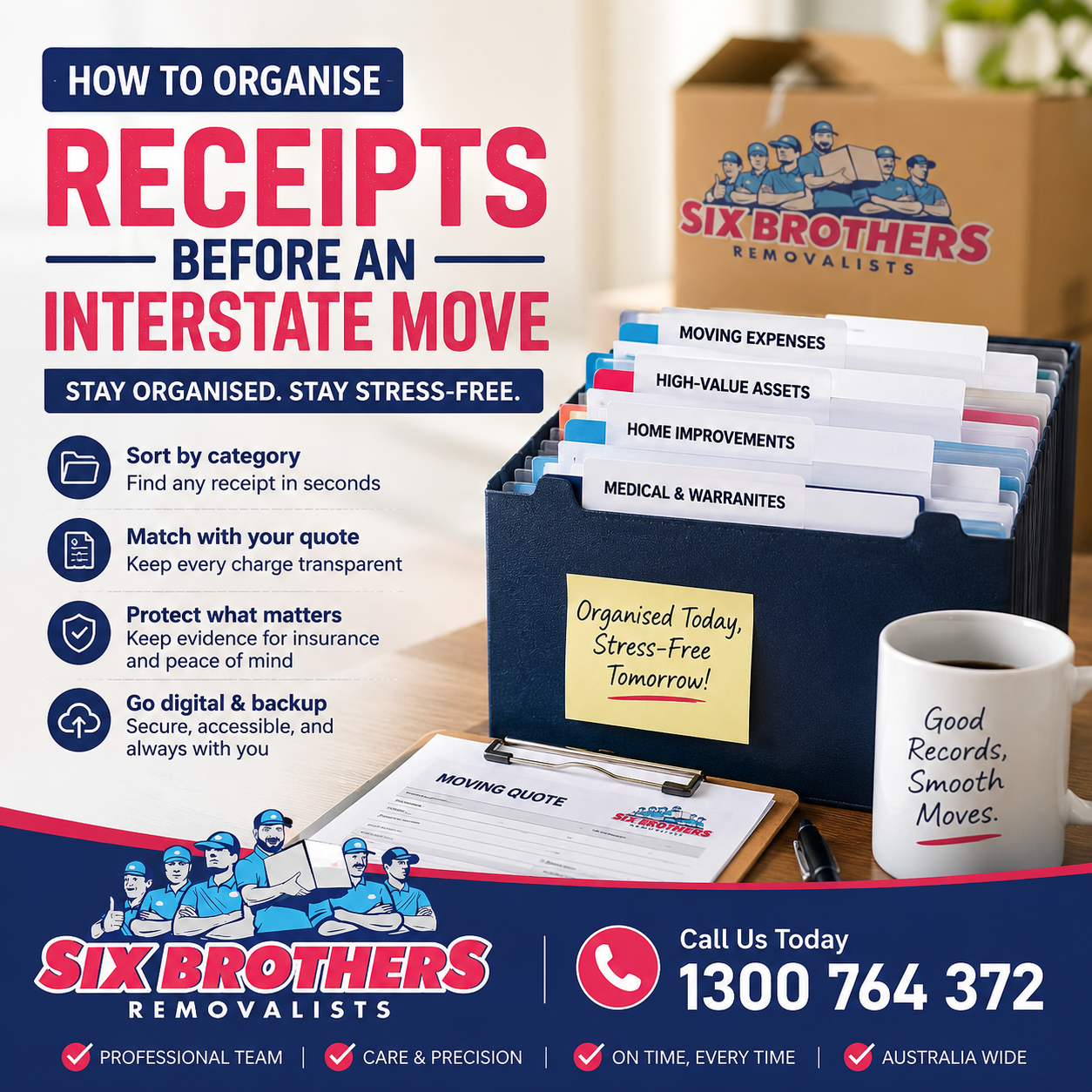 Organise receipts before an interstate move with Six Brothers Removalists tips and moving expense records