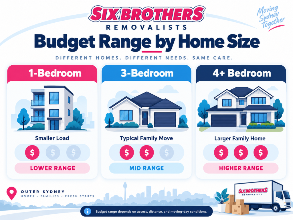 Outer Sydney moving costs by home size for 1-bedroom, 3-bedroom and 4+ bedroom moves by Six Brothers Removalists