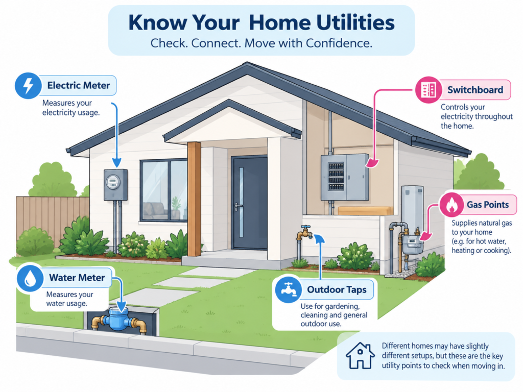 Outer Sydney moving costs utilities diagram showing meters, switchboard, taps and gas points by Six Brothers Removalists