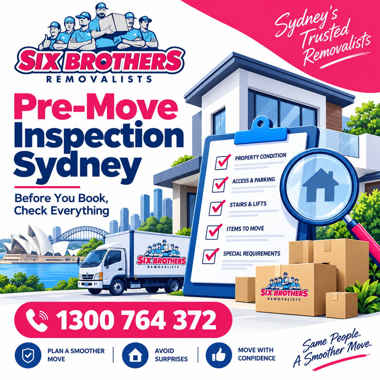 Pre-move inspection Sydney featured image by Six Brothers Removalists with house checklist and phone number.