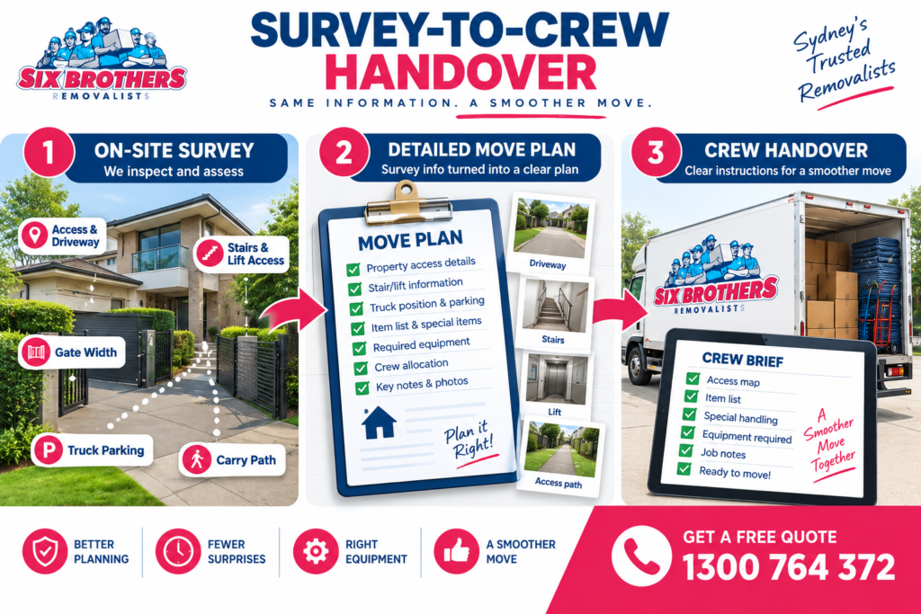 Pre-move inspection Sydney handover diagram by Six Brothers Removalists showing survey details passed to the moving crew.