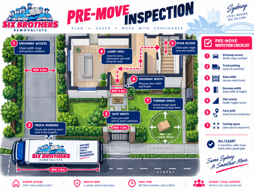 Pre-move inspection Sydney access survey graphic by Six Brothers Removalists showing driveway, gate, stairs, and carry path.