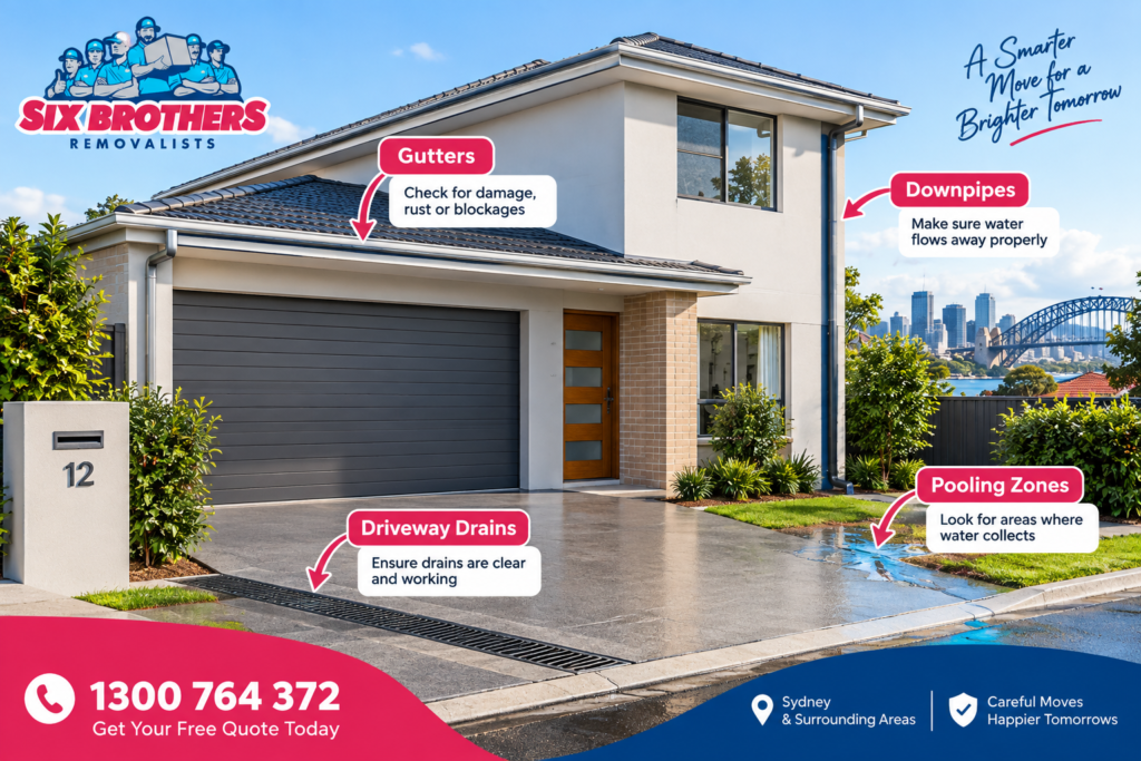 Pre-settlement inspection Sydney drainage diagram by Six Brothers Removalists showing gutters, drains and pooling zones