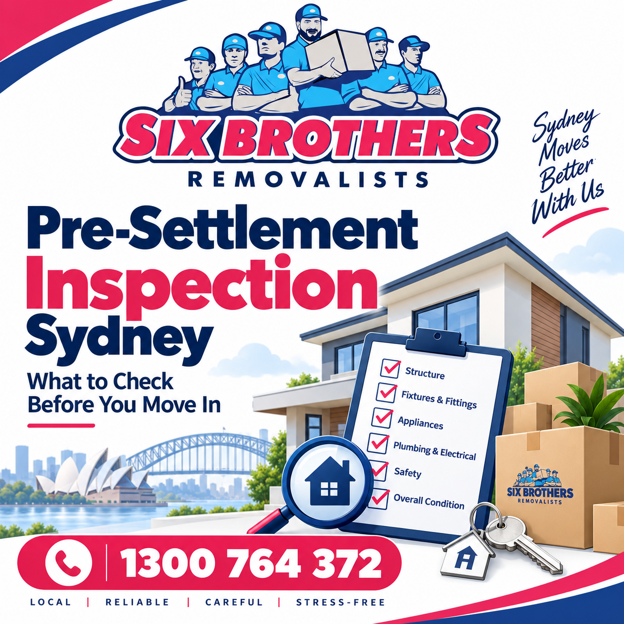 Pre-settlement inspection Sydney featured image by Six Brothers Removalists with house checklist and phone number