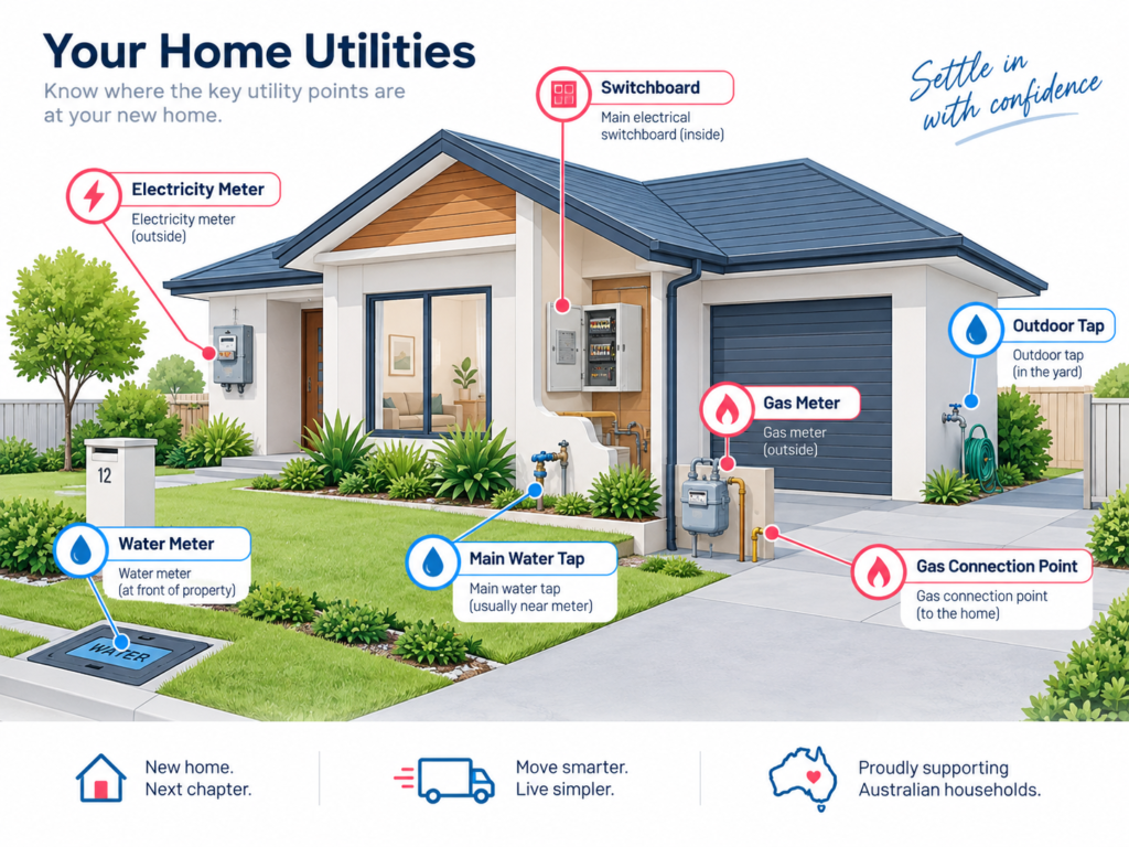 Pre-settlement inspection Sydney utilities diagram by Six Brothers Removalists showing meters, taps and gas points