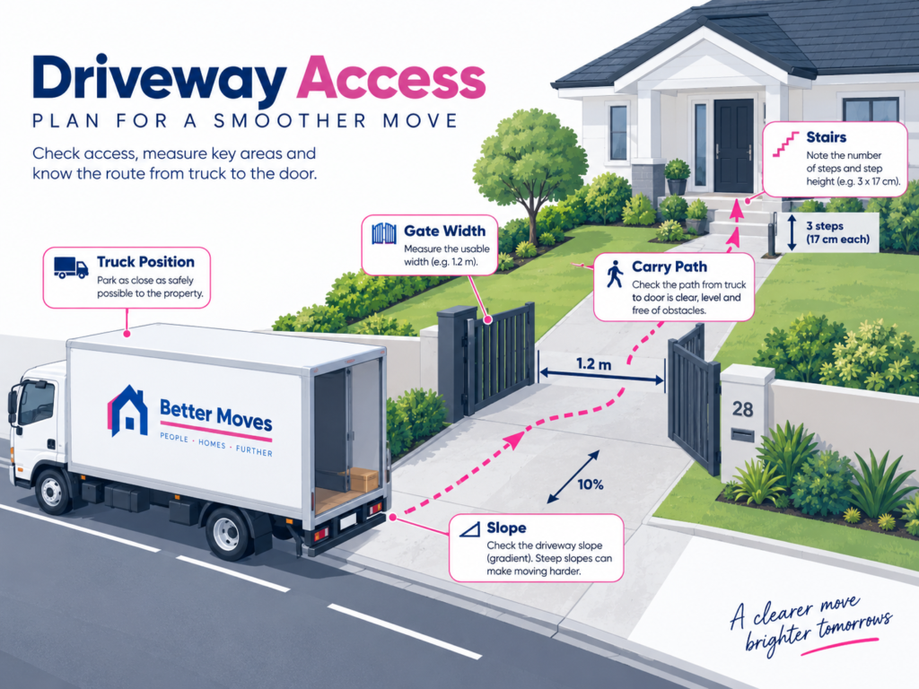 Removalist quote revisions by Six Brothers Removalists showing driveway slope, stairs, gate width and carry path.