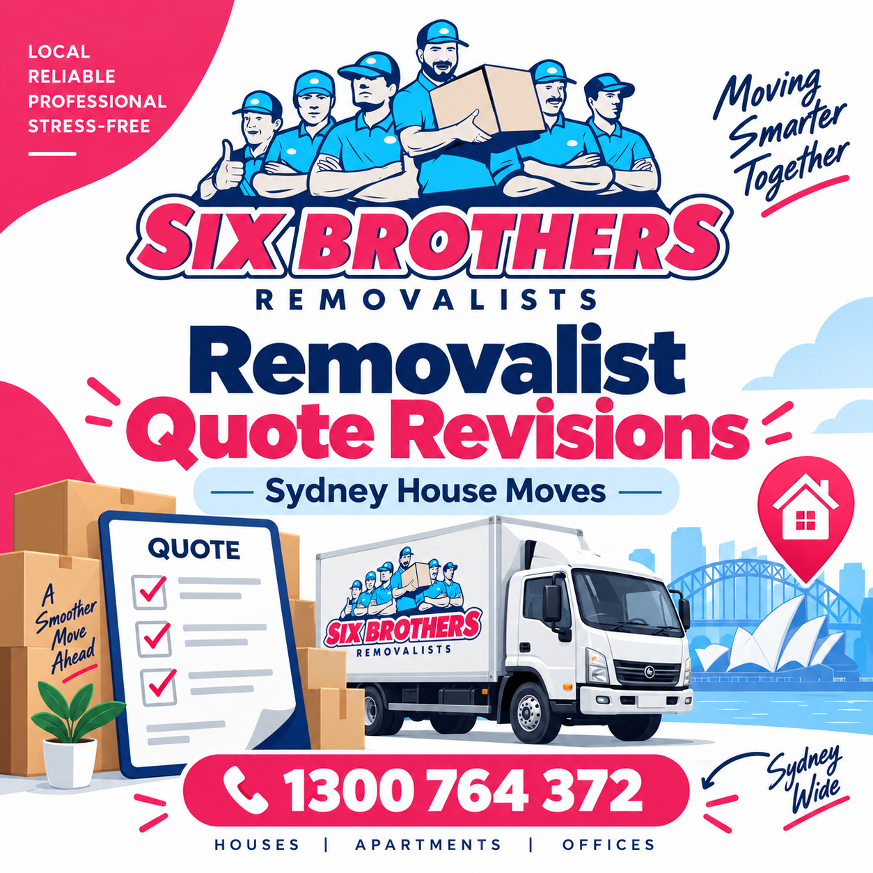 Removalist quote revisions by Six Brothers Removalists for Sydney house moves, with truck, boxes and quote checklist.