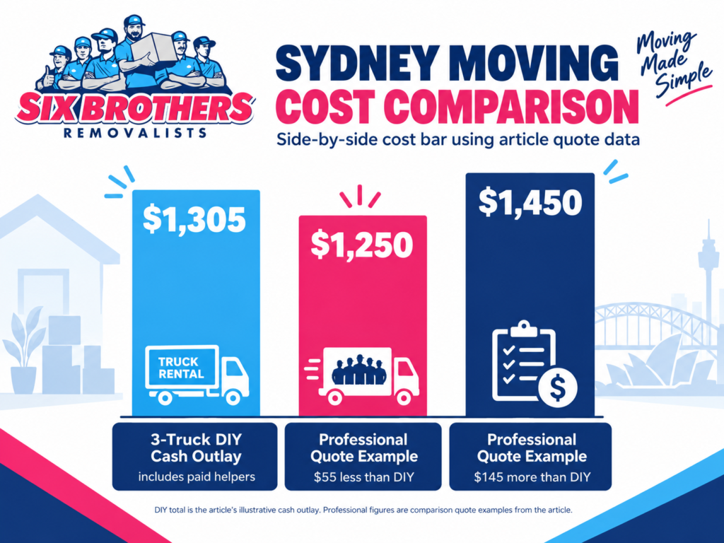 Renting 3 Trucks vs Hiring Removalists cost comparison chart by Six Brothers Removalists showing Sydney moving costs.