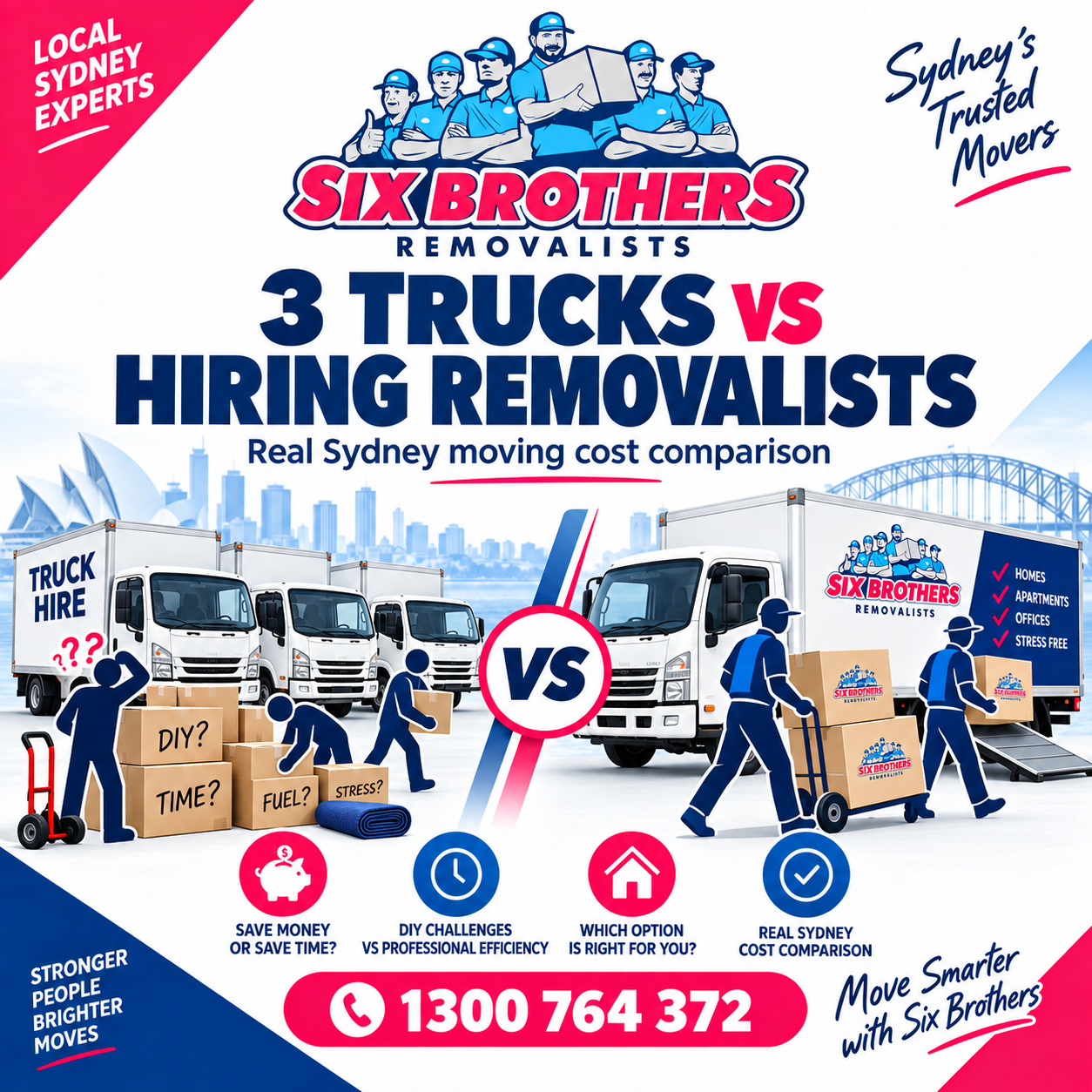 Renting 3 Trucks vs Hiring Removalists comparison graphic featuring Six Brothers Removalists and moving truck icons.