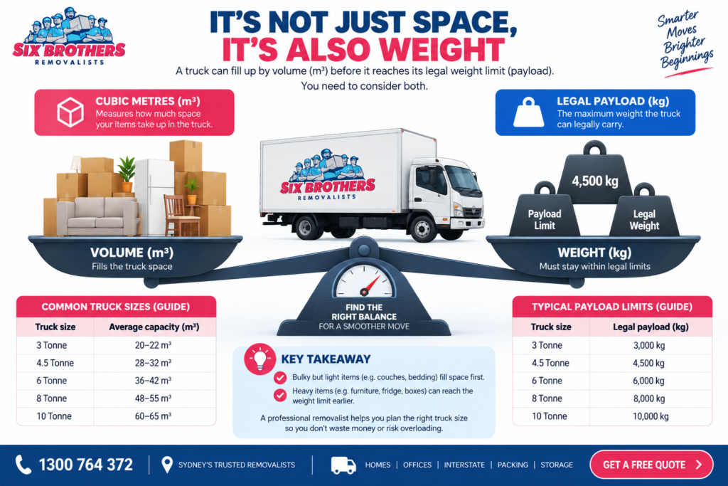 Renting 3 Trucks vs Hiring Removalists infographic by Six Brothers Removalists comparing truck volume and legal payload.