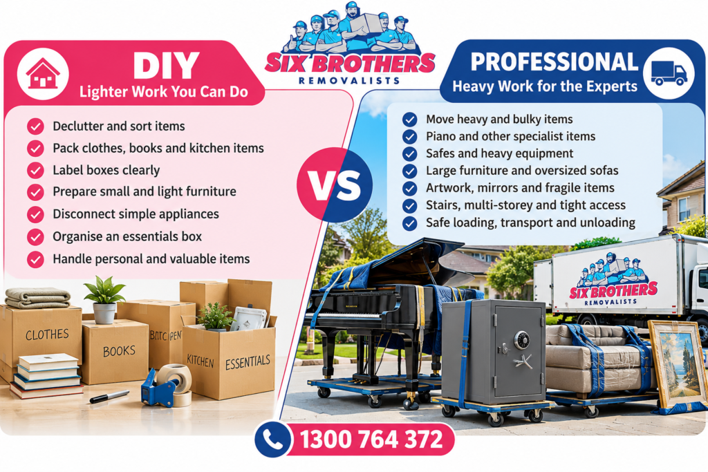 Sydney house removalist hire threshold guide by Six Brothers Removalists comparing DIY tasks with professional moving work