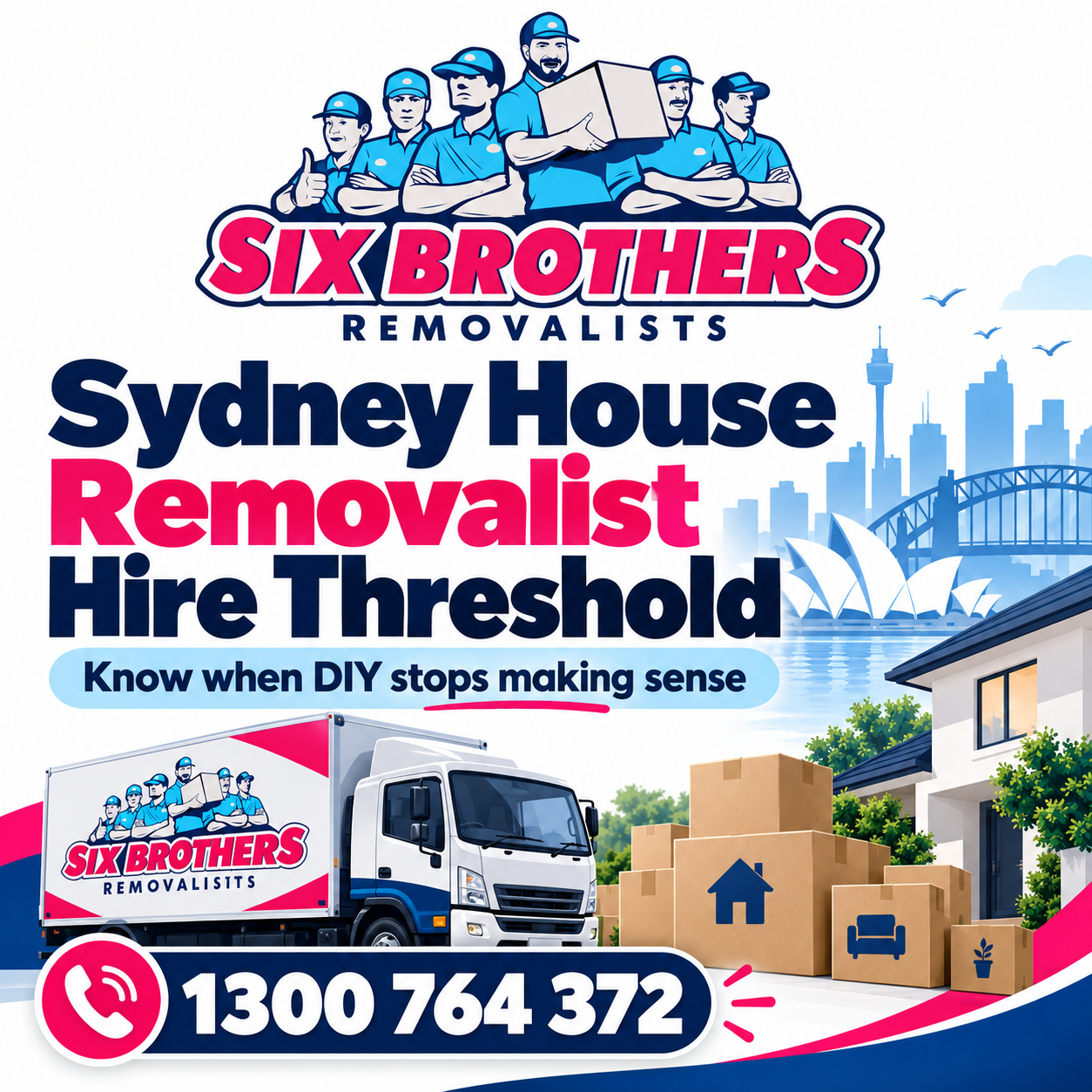 Sydney house removalist hire threshold featured image by Six Brothers Removalists with truck, boxes and phone number