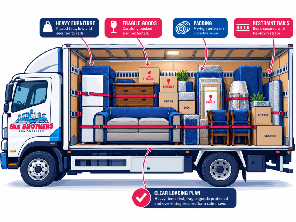 Sydney house removalist truck cutaway by Six Brothers Removalists showing secured furniture, fragile goods and protective padding.