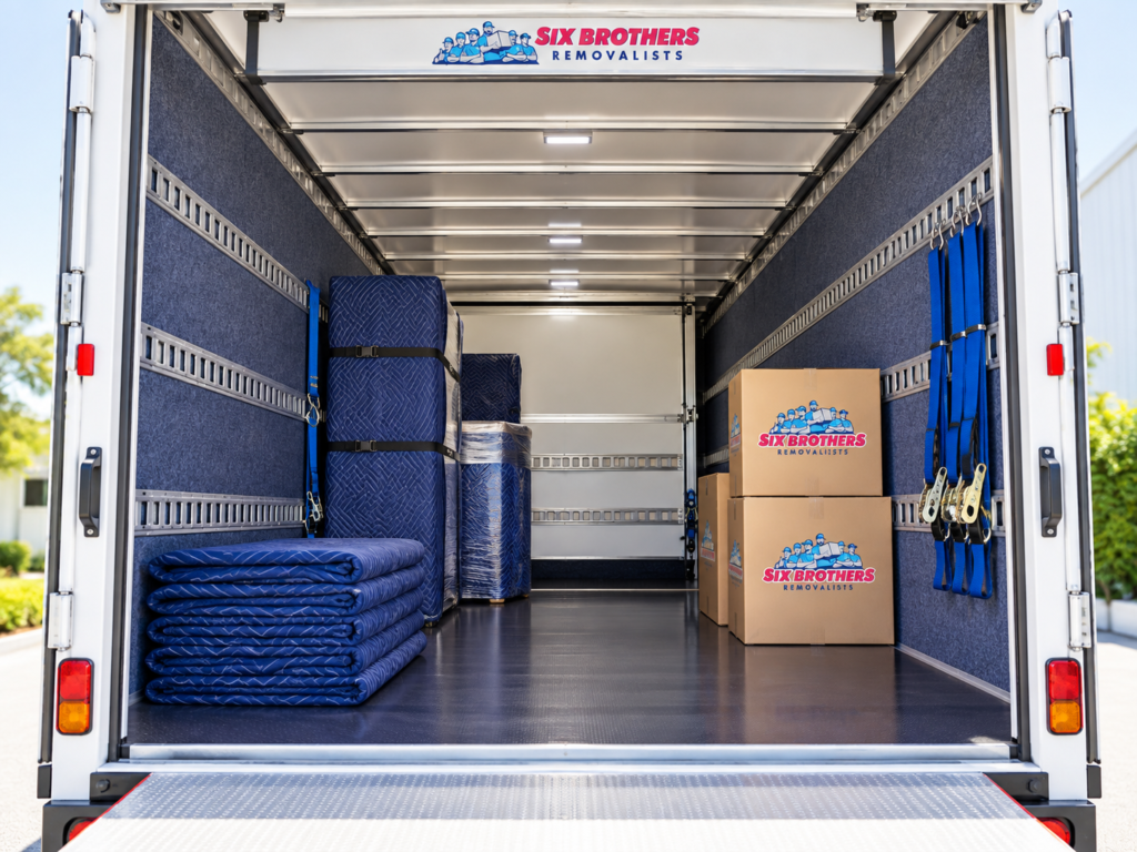 Sydney house removalist truck interior by Six Brothers Removalists with clean floor, padded walls and restraint rails.