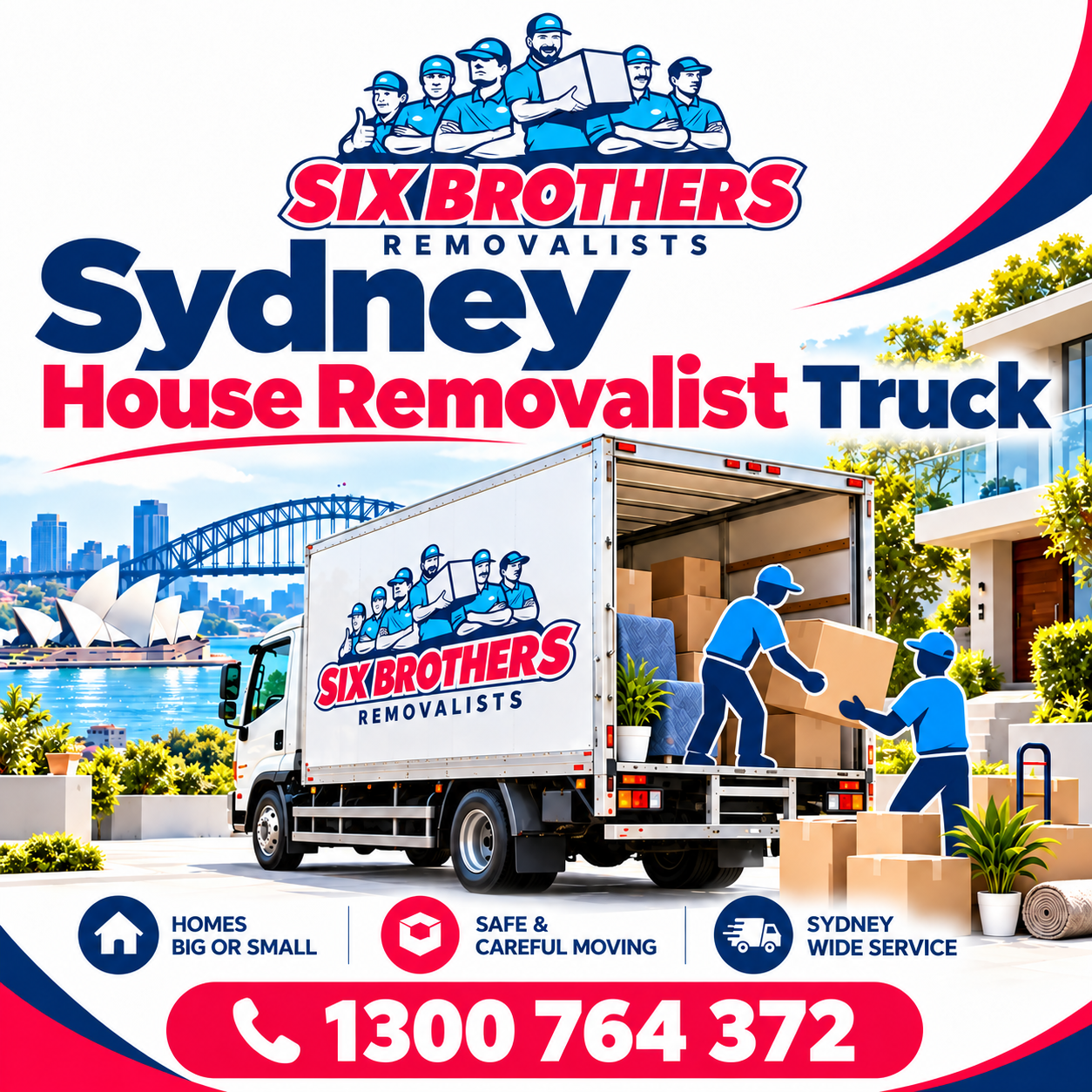 Sydney house removalist truck by Six Brothers Removalists with illustrated movers, furniture and moving boxes.