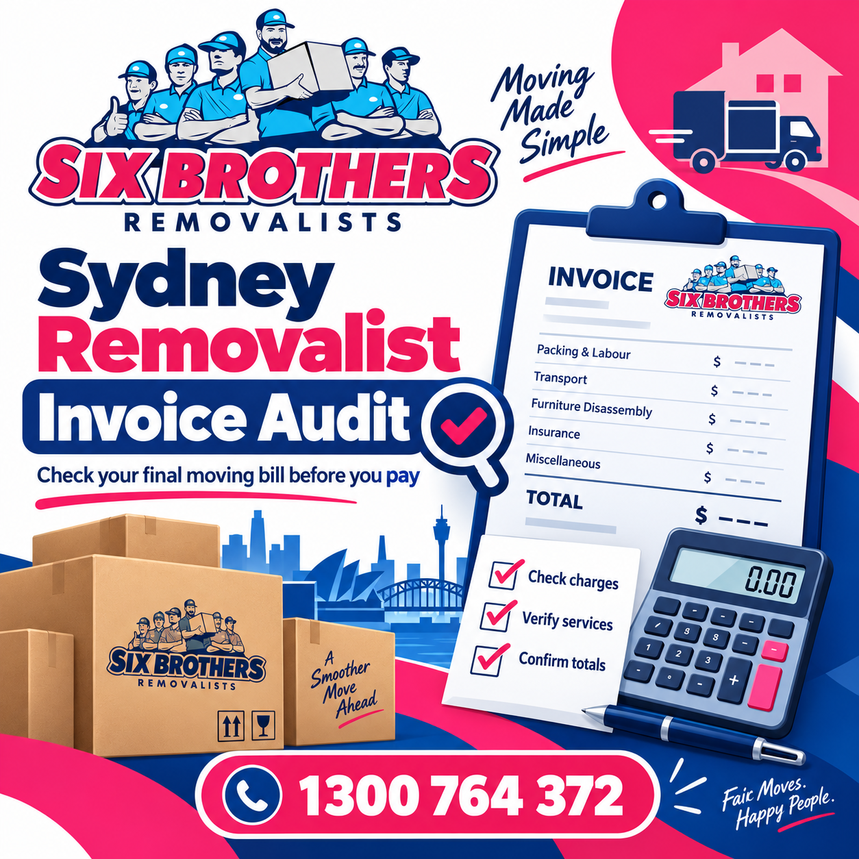 Sydney removalist invoice audit featured image by Six Brothers Removalists with invoice, boxes and phone number.