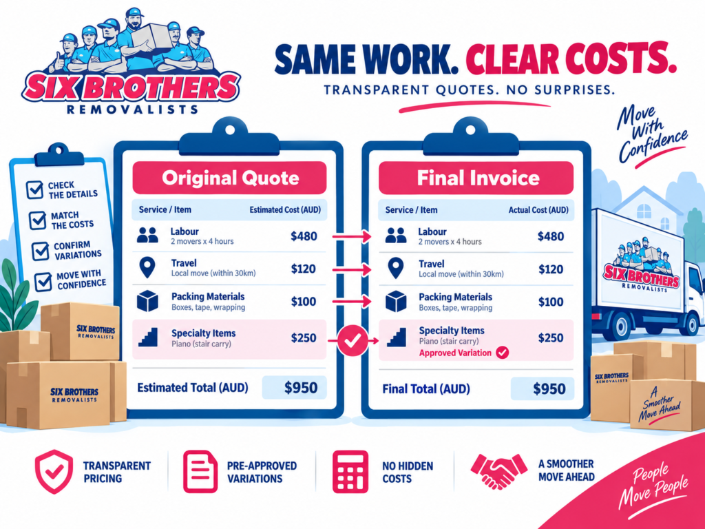 Sydney removalist invoice audit graphic by Six Brothers Removalists showing quote-to-invoice comparison.