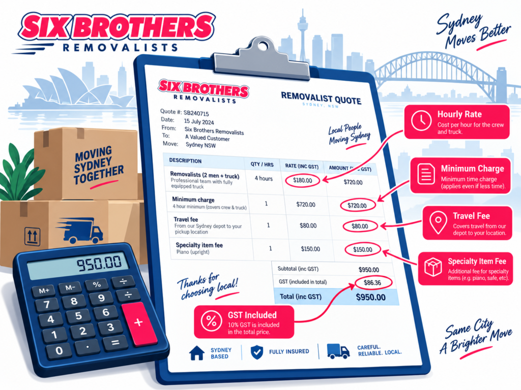 Sydney removalist quote checklist by Six Brothers Removalists showing hourly rates, GST, travel and specialty fees.