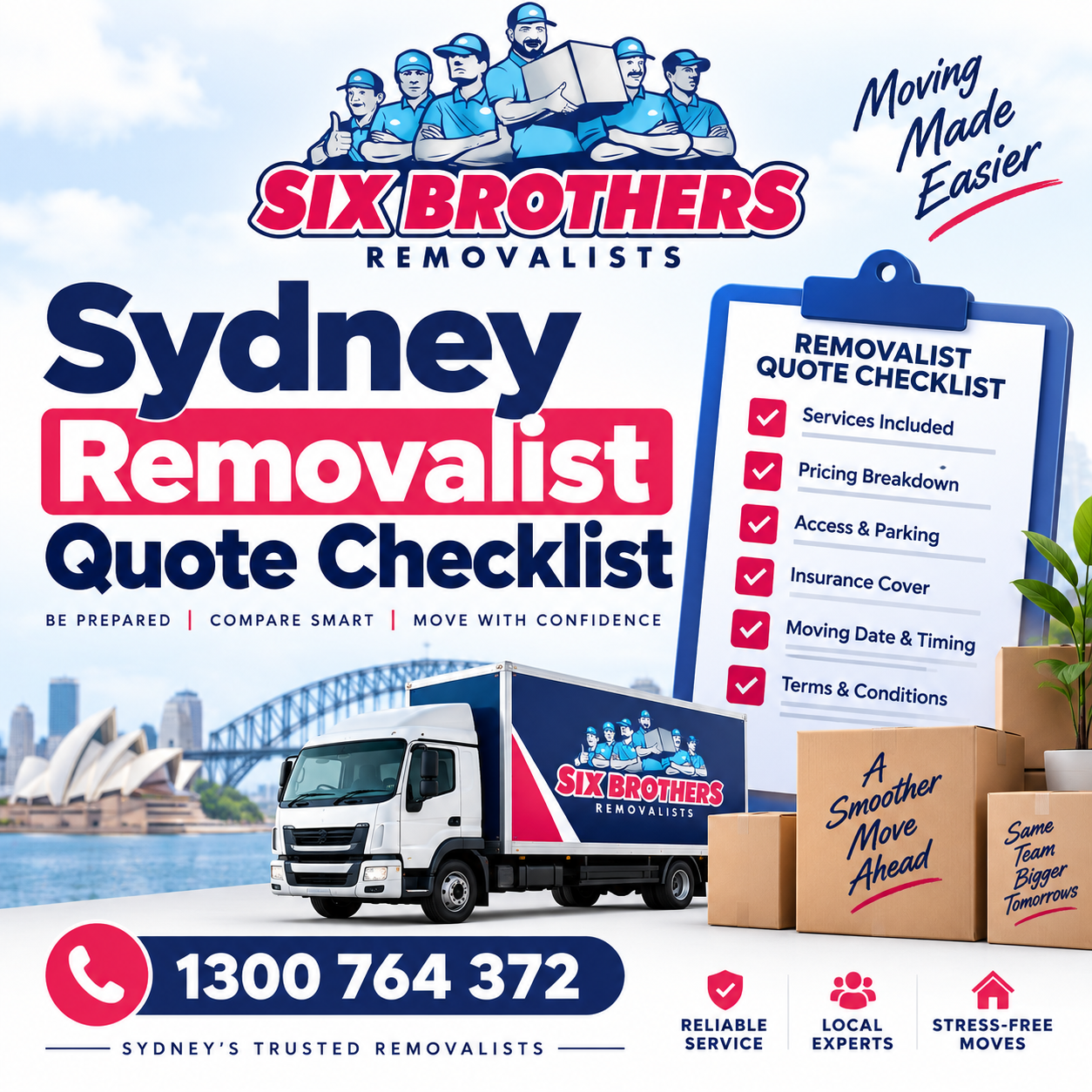 Sydney removalist quote checklist featured image by Six Brothers Removalists with truck, checklist and phone number.