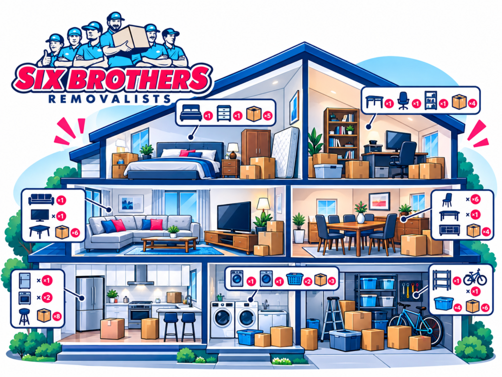 Sydney removalist red flags: Six Brothers Removalists' room-by-room volume inventory showing furniture and moving boxes.