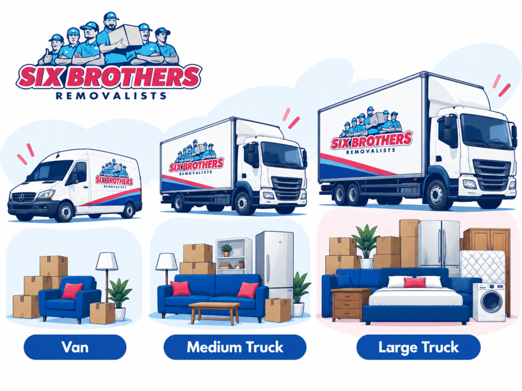 Sydney removalist red flags: Six Brothers Removalists compare van, medium truck and large truck capacities for house moves.