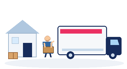 Animated Sydney house removalist truck by Six Brothers Removalists, showing a mover carrying boxes towards the truck.