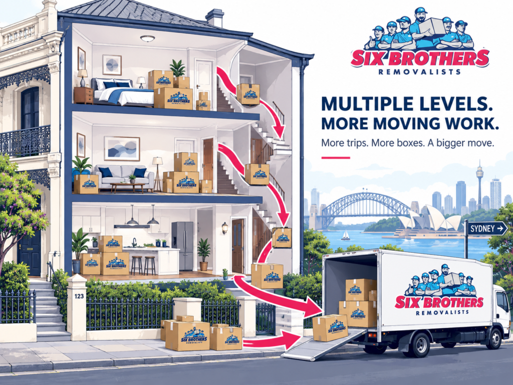 Three-storey house moving costs Sydney cutaway image by Six Brothers Removalists showing box routes from each floor.